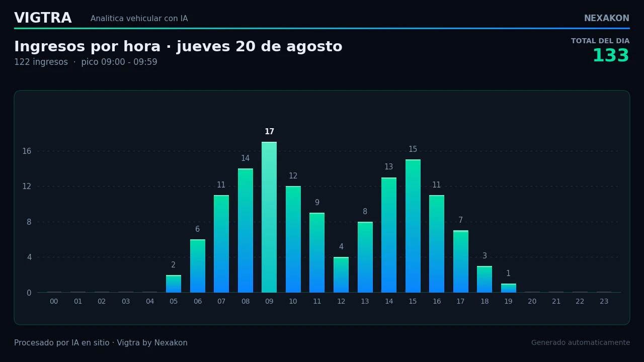 Gráfico de barras de ingresos por hora del día, con la hora pico de las 09:00 destacada.